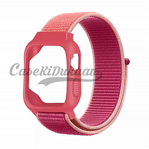iWatch Silicon Case With Nylon Velcro Strap Compatible With Apple iWatch Series Se/7/6/5/4/3/2/1 Size 42mm / 44mm / 45mm / 49mm Dual Pink