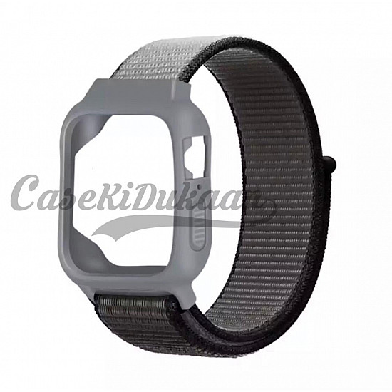 iWatch Silicon Case With Nylon Velcro Strap Compatible With Apple iWatch Series Se/7/6/5/4/3/2/1 Size 42mm / 44mm / 45mm / 49mm Gray Black