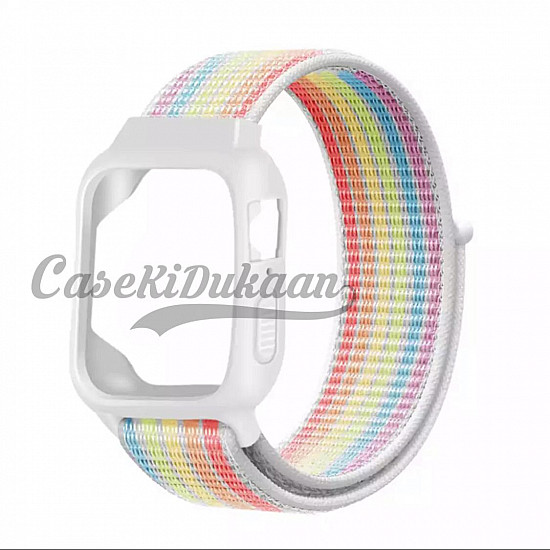 iWatch Silicon Case With Nylon Velcro Strap Compatible With Apple iWatch Series Ultra/8/Se/7/6/5/4/3/2/1 Size 38mm / 40mm / 41mm White Rainbow