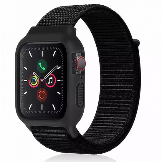 iWatch Silicon Case With Nylon Velcro Strap Compatible With Apple iWatch Series Ultra/8/Se/7/6/5/4/3/2/1 Size 38mm / 40mm / 41mm Black