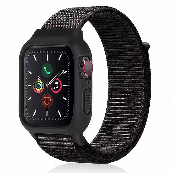 iWatch Silicon Case With Nylon Velcro Strap Compatible With Apple iWatch Series Se/7/6/5/4/3/2/1 Size 42mm / 44mm / 45mm / 49mm Mix Black