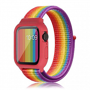 iWatch Silicon Case With Nylon Velcro Strap Compatible With Apple iWatch Series Se/7/6/5/4/3/2/1 Size 42mm / 44mm / 45mm / 49mm RainBow Colour