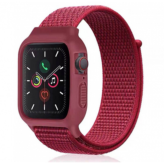 iWatch Silicon Case With Nylon Velcro Strap Compatible With Apple iWatch Series Ultra/8/Se/7/6/5/4/3/2/1 Size 38mm / 40mm / 41mm  Red