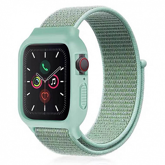 iWatch Silicon Case With Nylon Velcro Strap Compatible With Apple iWatch Series Ultra/8/Se/7/6/5/4/3/2/1 Size 38mm 40mm 41mm Bluish Green