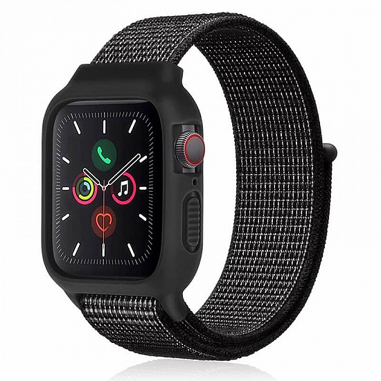 iWatch Silicon Case With Nylon Velcro Strap Compatible With Apple iWatch Series Se/7/6/5/4/3/2/1 Size 42mm / 44mm / 45mm / 49mm Black White