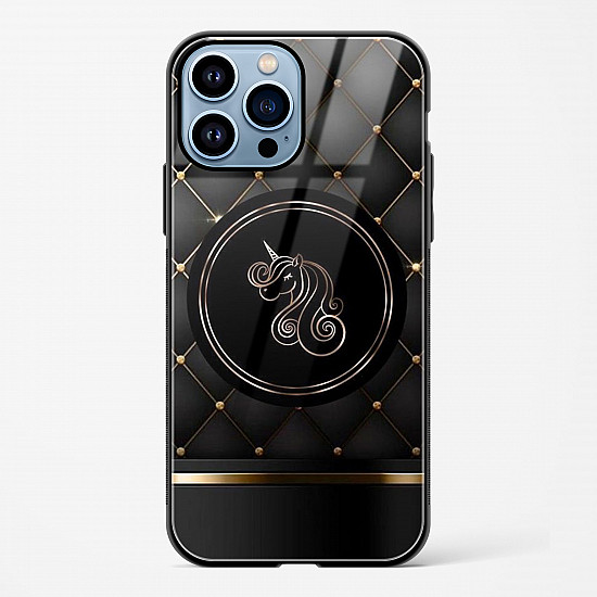 Black Golden Unicorn Glass Case for iPhone 15 Pro