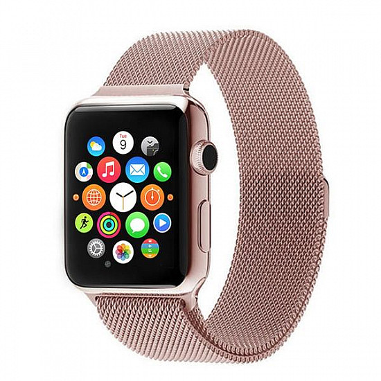 CaseKiDukaan Stainless Steel Milanese Loop Strap with Magnetic Lock Buckle Wrist Band for Apple Watch Series Se/7/6/5/4/3/2/1 - Rose Gold