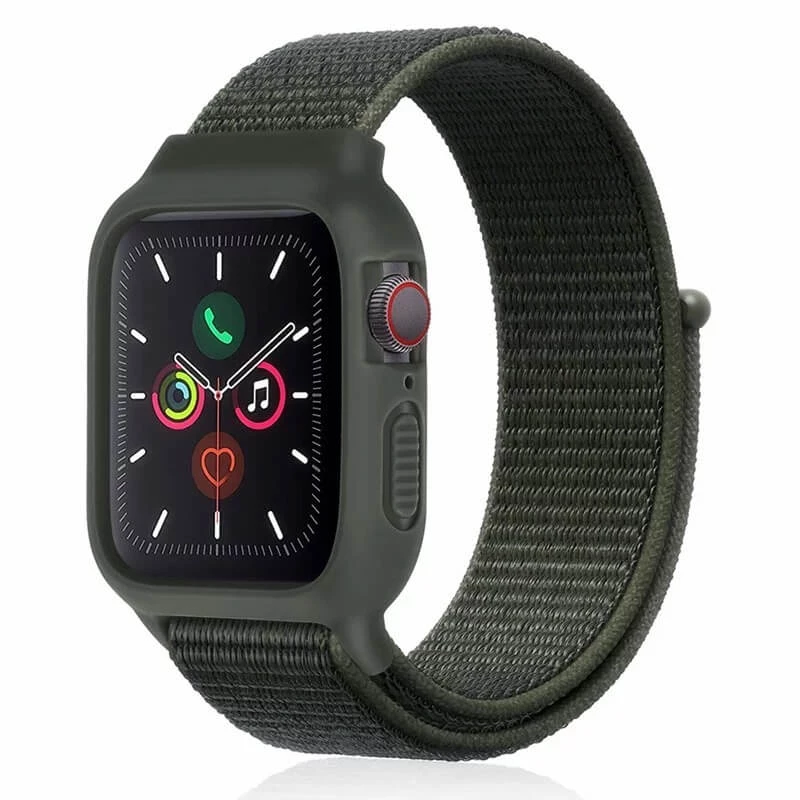 iWatch Silicon Case With Nylon Velcro Strap Compatible With Apple iWatch Series Ultra/8/Se/7/6/5/4/3/2/1 Size 38mm / 40mm / 41mm Army Green