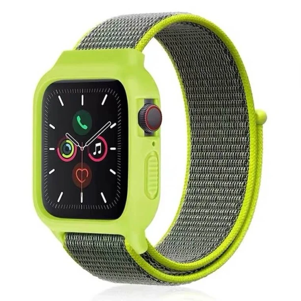 iWatch Silicon Case With Nylon Velcro Strap Compatible With Apple iWatch Series Se/7/6/5/4/3/2/1 Size 42mm / 44mm / 45mm / 49mm Neon Sports Green