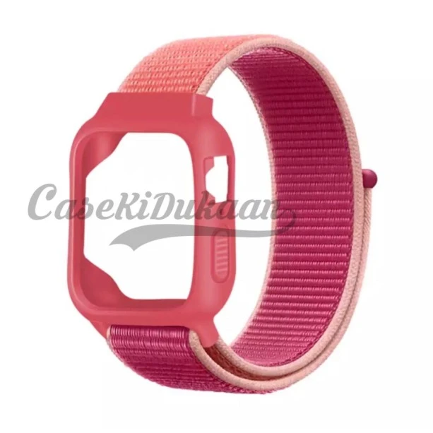 iWatch Silicon Case With Nylon Velcro Strap Compatible With Apple iWatch Series Ultra/8/Se/7/6/5/4/3/2/1 Size 38mm / 40mm / 41mm Dual Pink