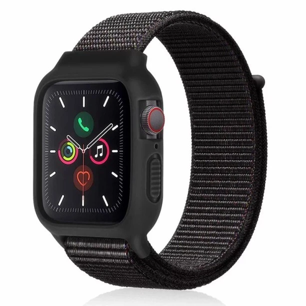 iWatch Silicon Case With Nylon Velcro Strap Compatible With Apple iWatch Series Se/7/6/5/4/3/2/1 Size 42mm / 44mm / 45mm / 49mm Mix Black