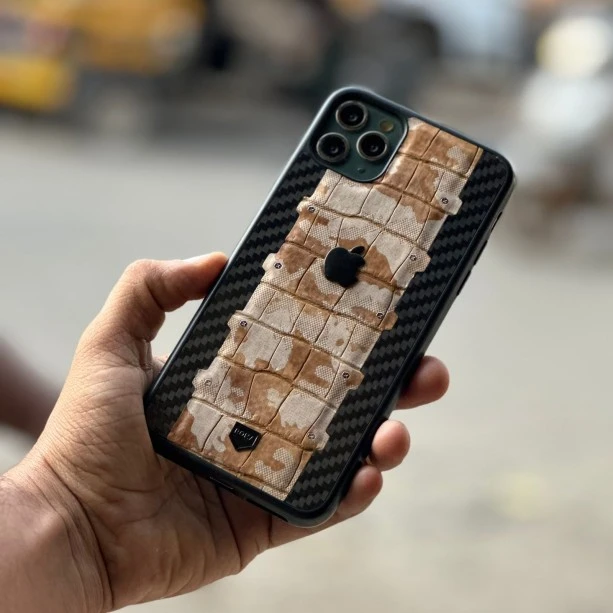 Black Brown Carbon Fibre Designer Leather Case for iPhone