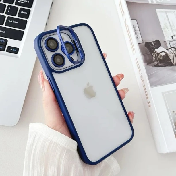 Premium iPhone 15 Pro Max Cover with Metal Stand, Camera Lens Protector, and Shockproof Design - Dark Blue