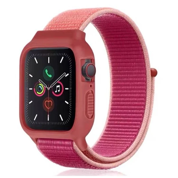 iWatch Silicon Case With Nylon Velcro Strap Compatible With Apple iWatch Series Ultra/8/Se/7/6/5/4/3/2/1 Size 38mm / 40mm / 41mm Dual Pink
