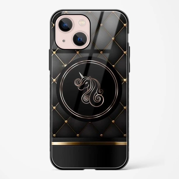 Black Golden Unicorn Glass Case for iPhone 15