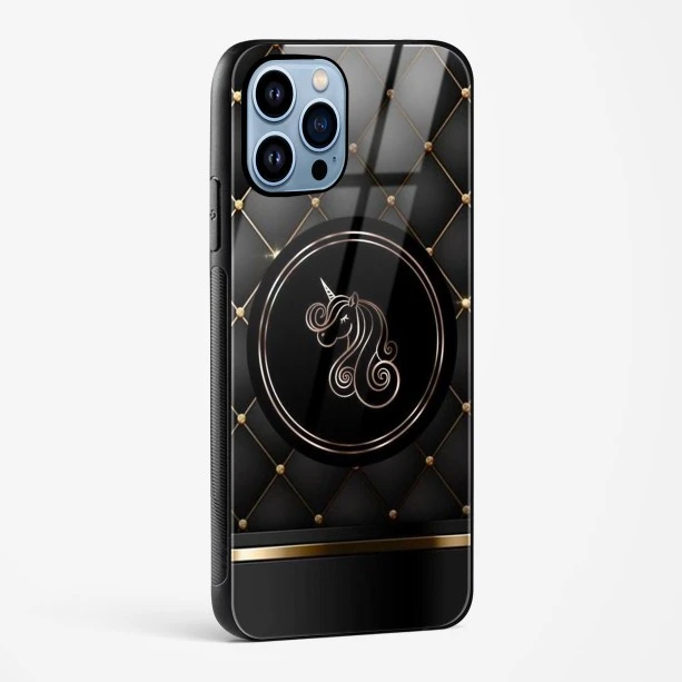 Black Golden Unicorn Glass Case for iPhone 15 Pro