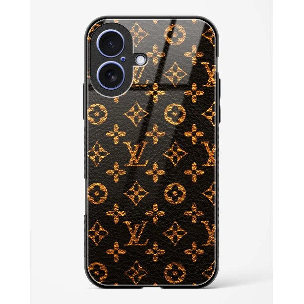 iPhone 17 LV Black Gold Glass Case - Premium Luxury Tempered Glass Back Cover