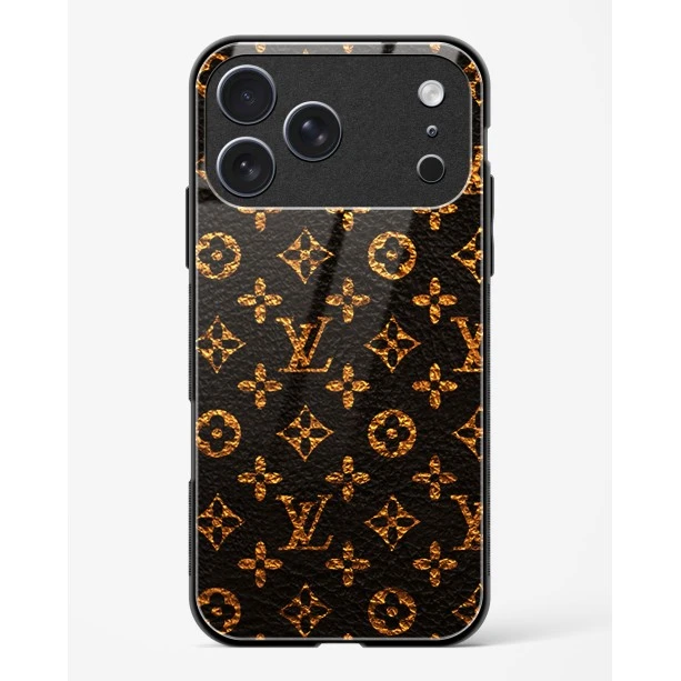 iPhone 17 Pro LV Black Gold Glass Case - Premium Luxury Tempered Glass Back Cover