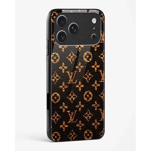 iPhone 17 Pro LV Black Gold Glass Case - Premium Luxury Tempered Glass Back Cover