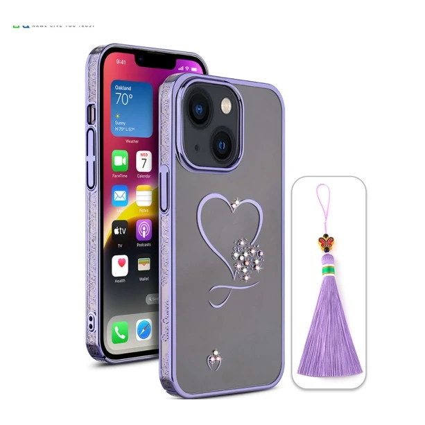 iPhone 13 Bling Heart Purple Transparent Case
