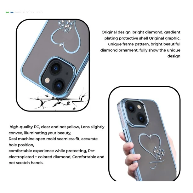 iPhone 13 Bling Heart Blue Transparent Case