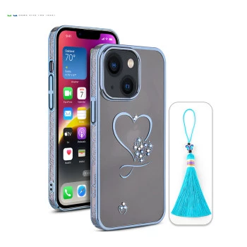 iPhone 13 Bling Heart Blue Transparent Case