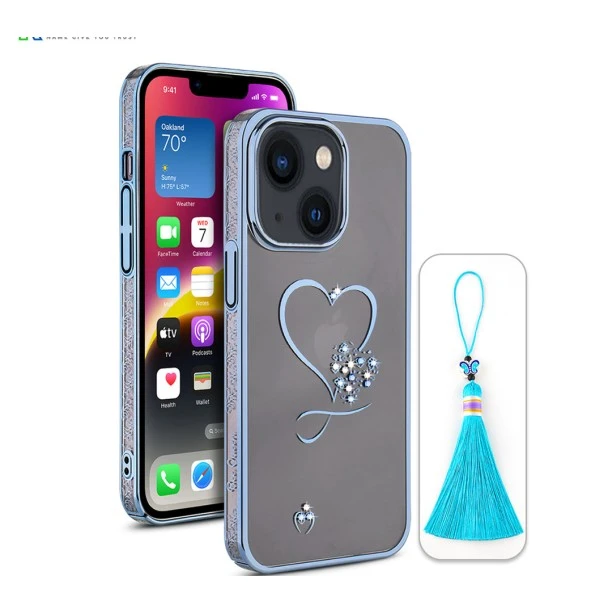 iPhone 13 Bling Heart Blue Transparent Case