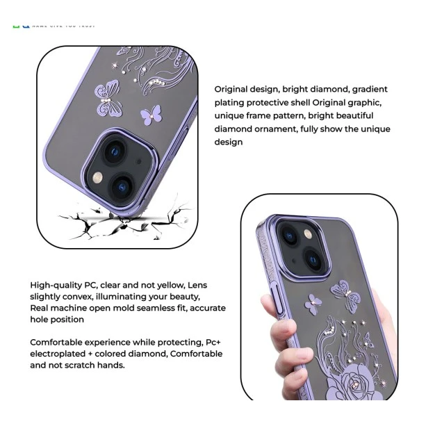 iPhone 13 Bling Flower Purple Transparent Case