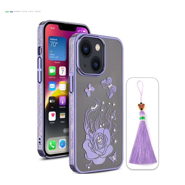 iPhone 13 Bling Flower Purple Transparent Case