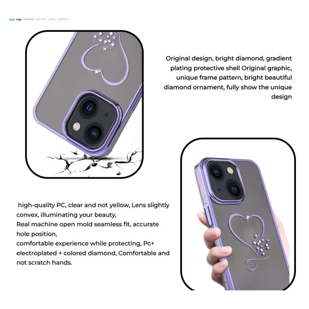 iPhone 13 Bling Heart Purple Transparent Case