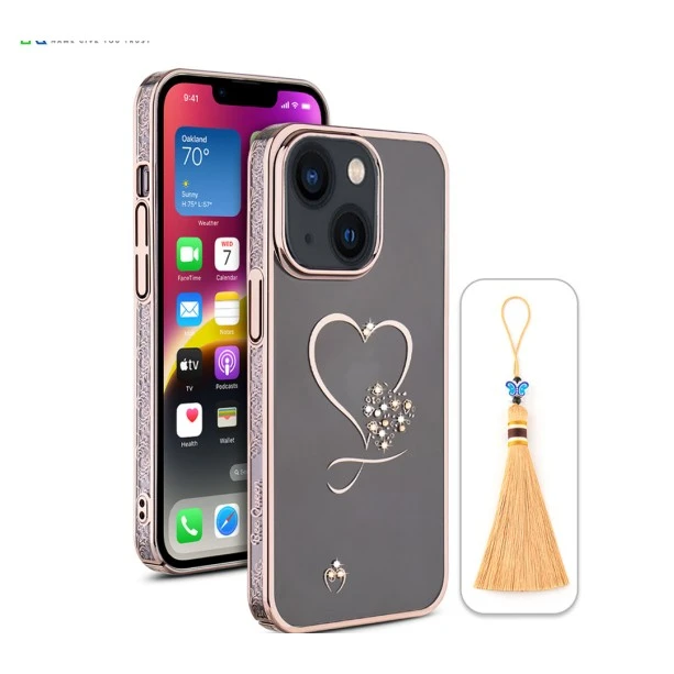 iPhone 13 Bling Heart Cloud Gold Transparent Case