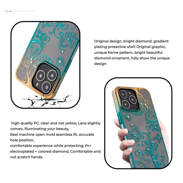 iPhone 13 Pro Peacock Glitter Diamond Case – Green Transparent Cover