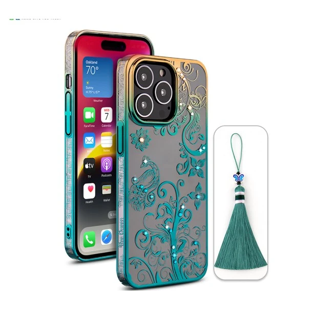 iPhone 13 Pro Peacock Glitter Diamond Case – Green Transparent Cover