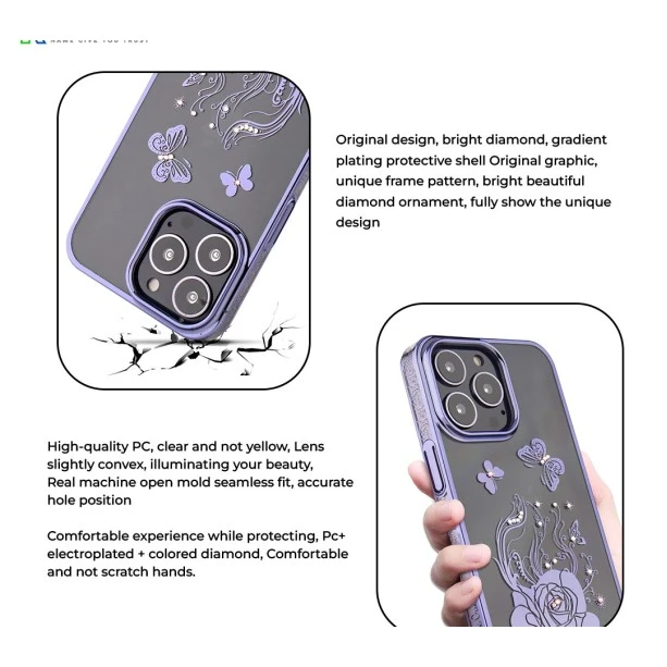 iPhone 13 Pro Bling Flower Purple Transparent Case