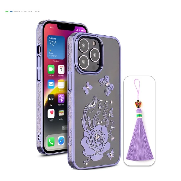 iPhone 13 Pro Bling Flower Purple Transparent Case