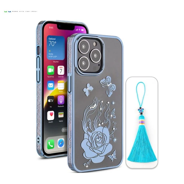 iPhone 13 Pro Bling Flower Blue Transparent Case
