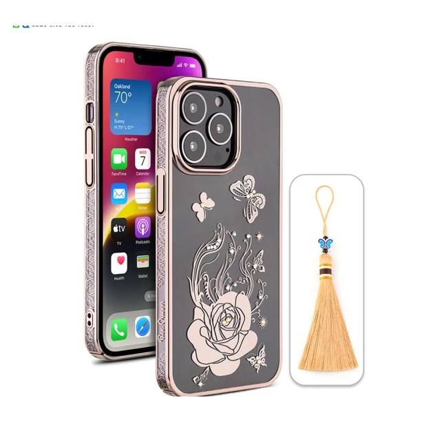 iPhone 13 Pro Bling Flower Cloud Gold Transparent Case