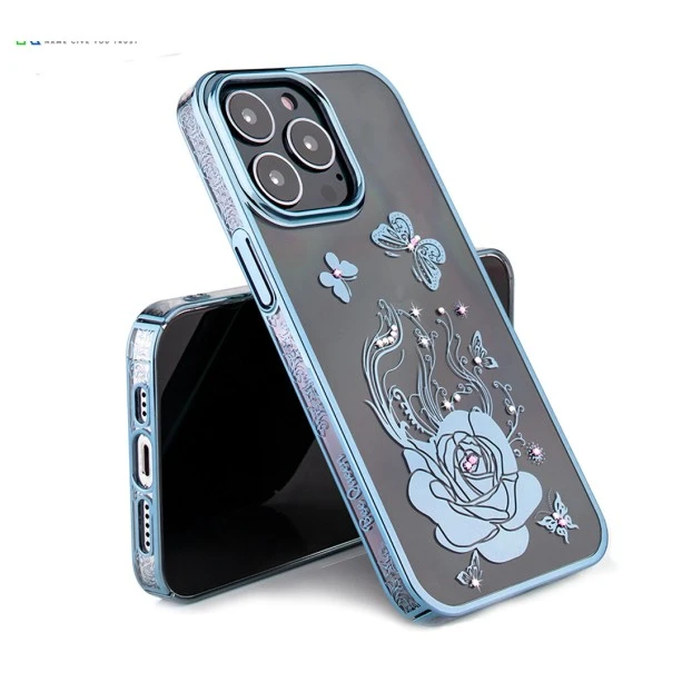 iPhone 13 Pro Max Bling Flower Blue Transparent Case
