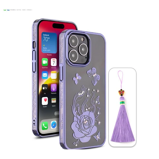iPhone 13 Pro Max Bling Flower Purple Transparent Case