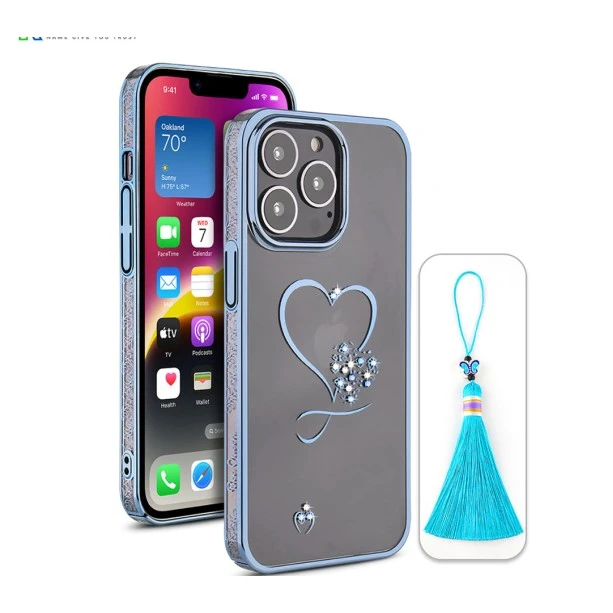 iPhone 13 Pro Max Bling Heart Blue Transparent Case
