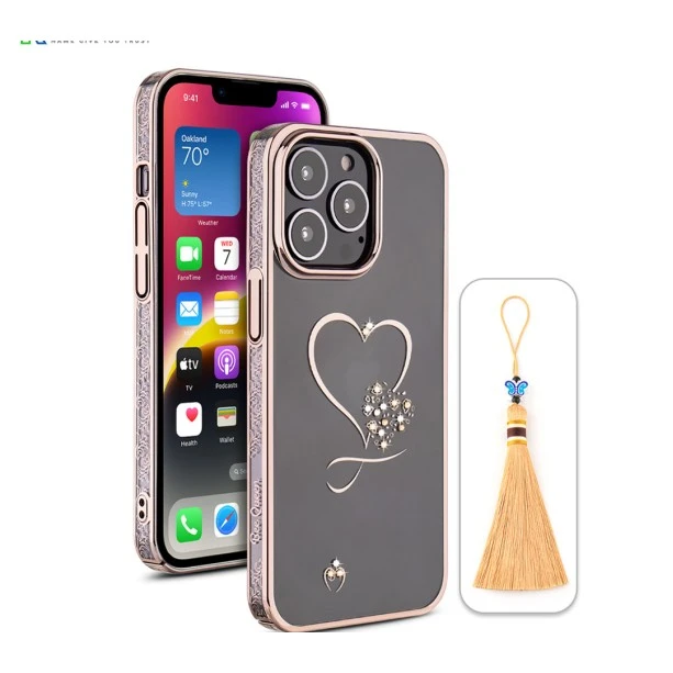 iPhone 13 Pro Max Bling Heart Cloud Gold Transparent Case