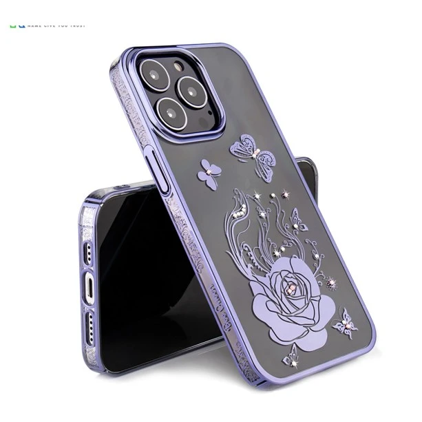 iPhone 13 Pro Max Bling Flower Purple Transparent Case