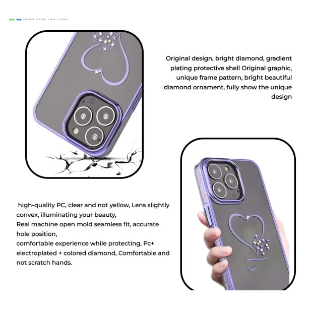 iPhone 13 Pro Max Bling Heart Purple Transparent Case