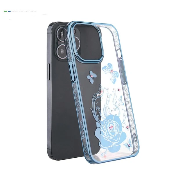 iPhone 13 Pro Max Bling Flower Blue Transparent Case