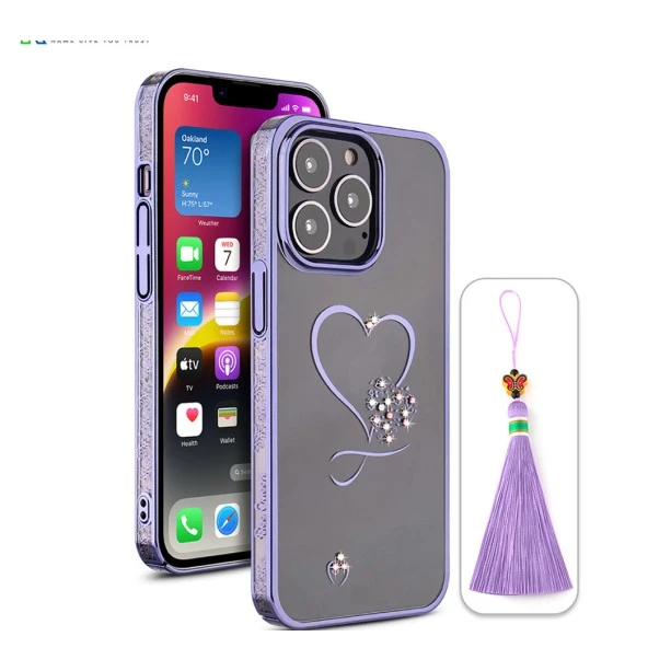 iPhone 13 Pro Max Bling Heart Purple Transparent Case