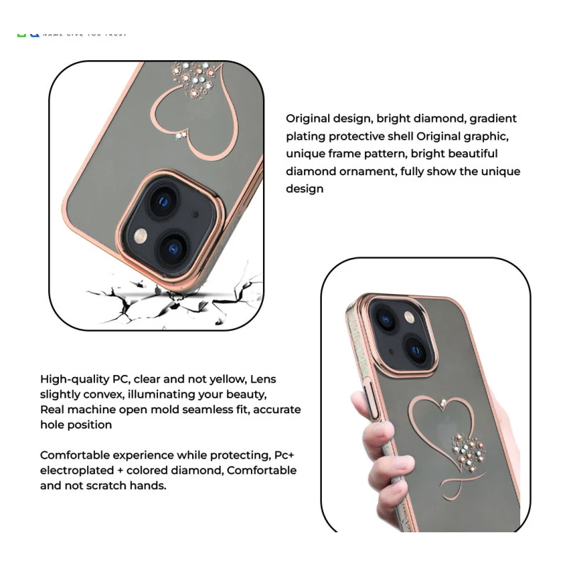 iPhone 14 Bling Heart Cloud Gold Transparent Case