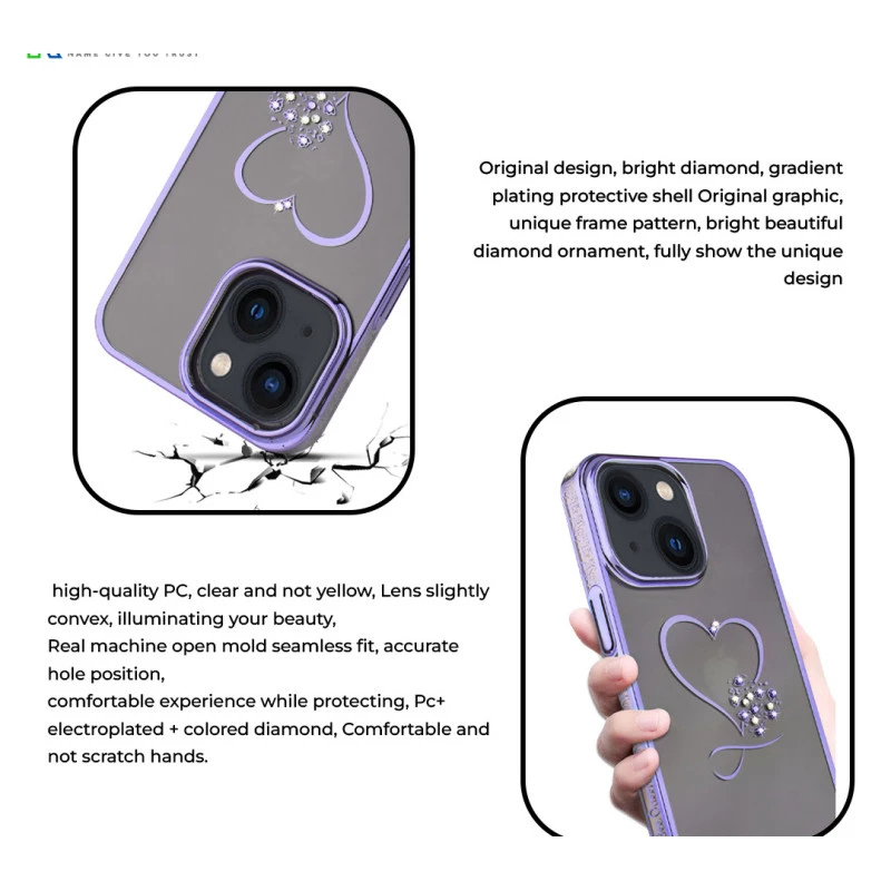 iPhone 14 Bling Heart Purple Transparent Case