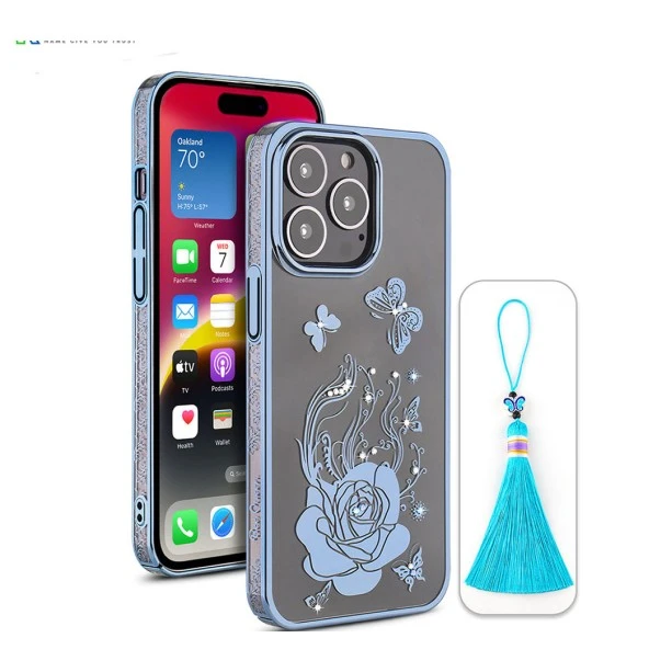 iPhone 14 Pro Bling Flower Blue Transparent Case