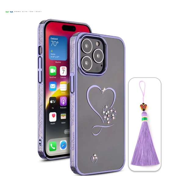 iPhone 14 Pro Bling Heart Purple Transparent Case