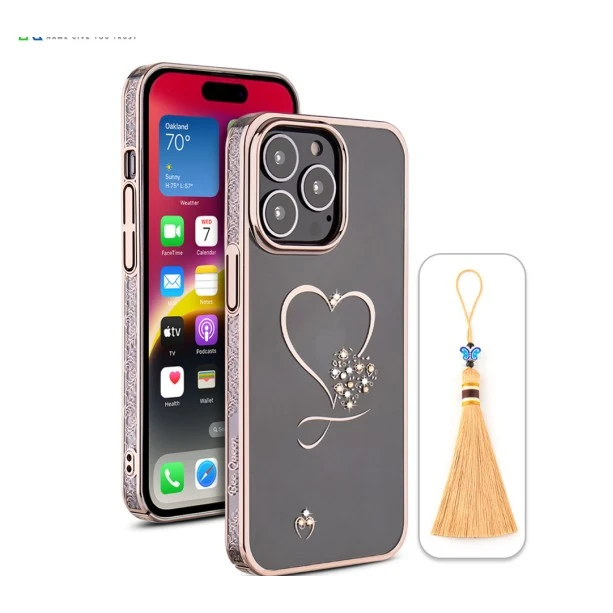 iPhone 14 Pro Bling Heart Cloud Gold Transparent Case